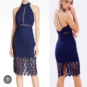 Bardot Lace Halter Midi Dress in Navy